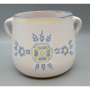 Vintage AMNION Clay Pottery Handpainted ALGARVE Blue Yellow CROCK w Two Handles